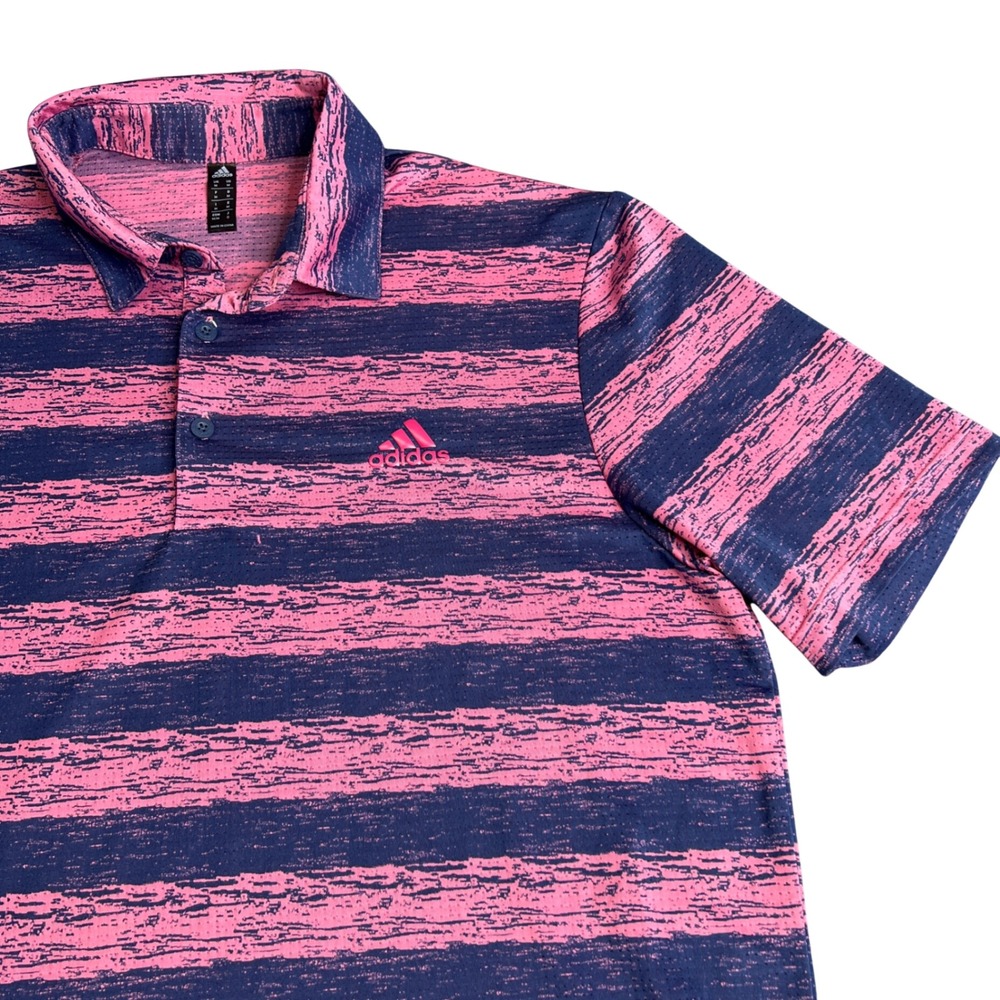 Adidas Polo Shirt Mens Medium Blue Pink Stripe Golf Performance Short Sleeve
